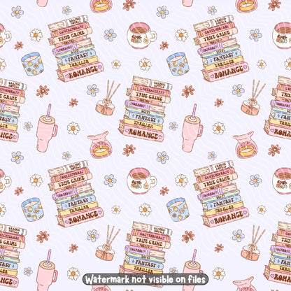 Pastel bookish seamless pattern featuring colourful book stacks with romance, fantasy, thriller and true crime genres, coffee mugs, candles and flowers.