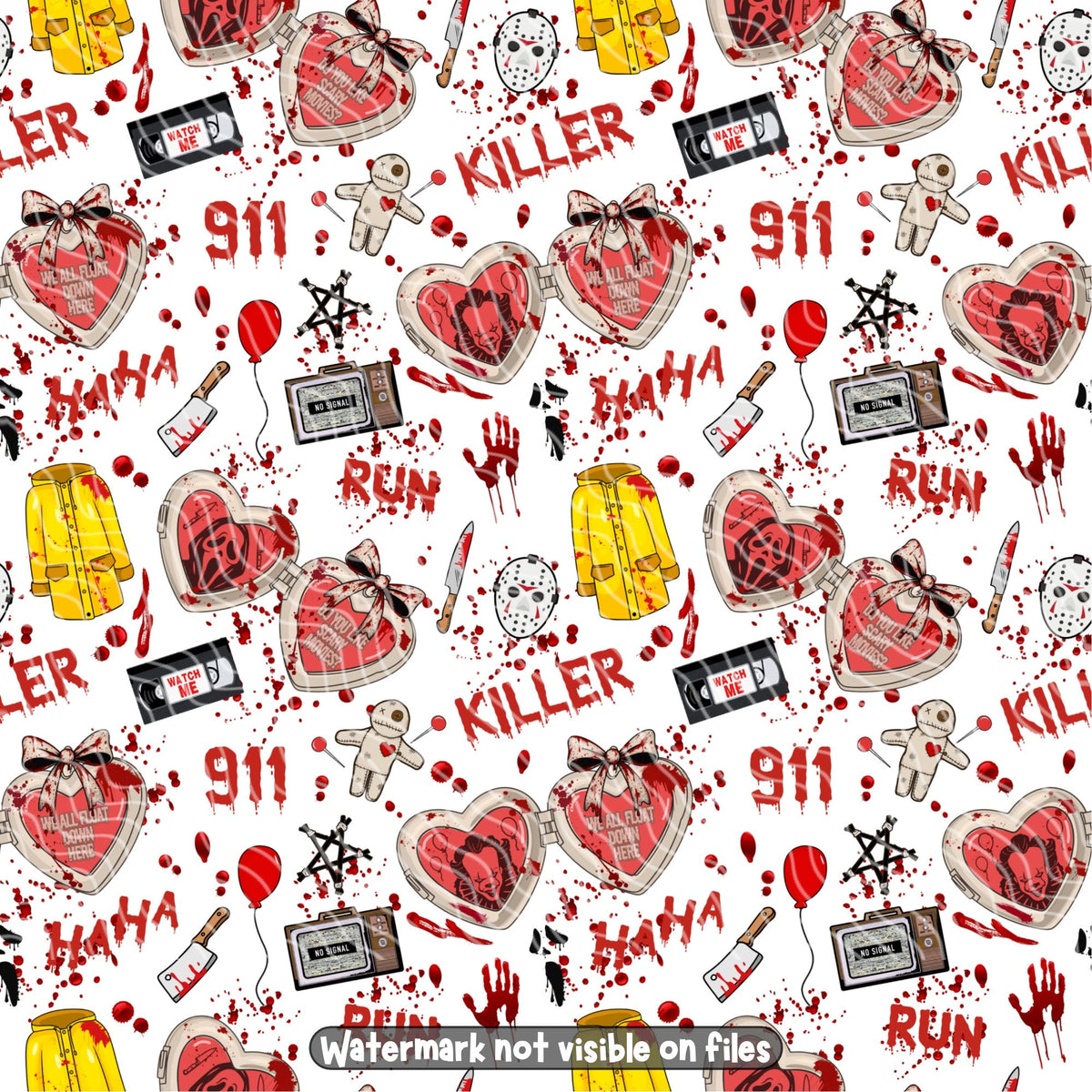 Horror movie slasher seamless pattern featuring bloody knives, hockey masks, killer clown artwork, red balloons, VHS tapes and yellow raincoats.