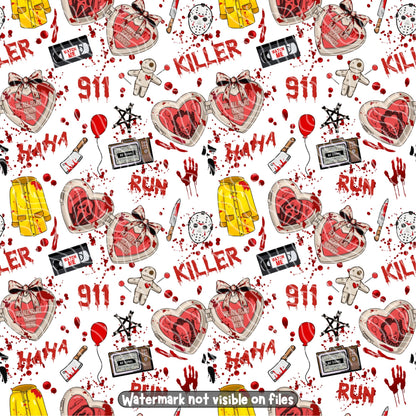 Horror movie slasher seamless pattern featuring bloody knives, hockey masks, killer clown artwork, red balloons, VHS tapes and yellow raincoats.