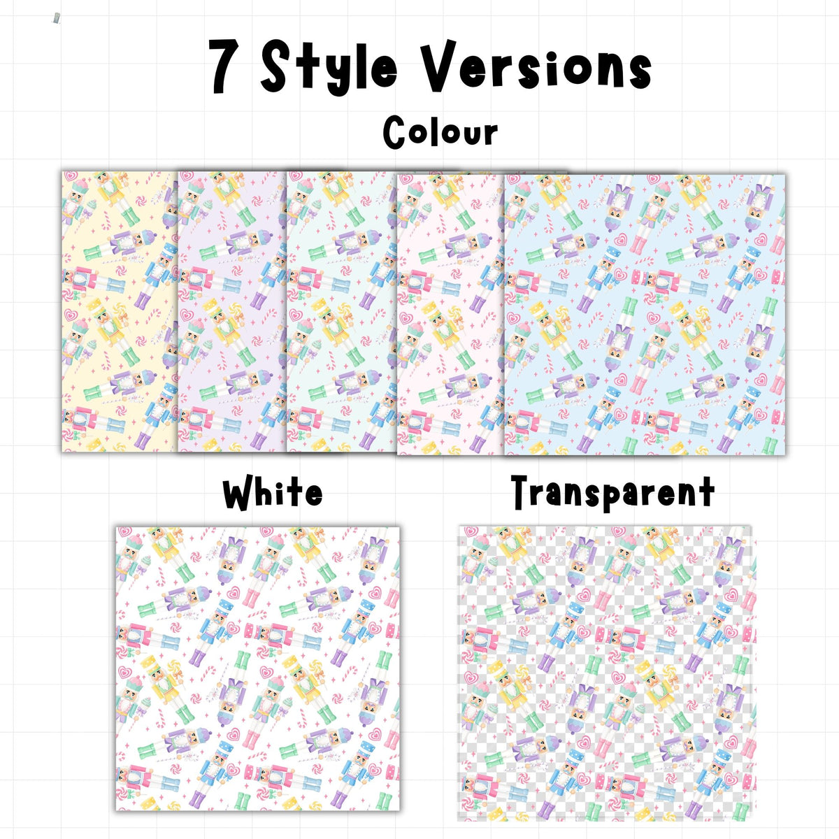 Pastel nutcracker Christmas digital paper showing five coloured background options alongside white and transparent seamless pattern versions.