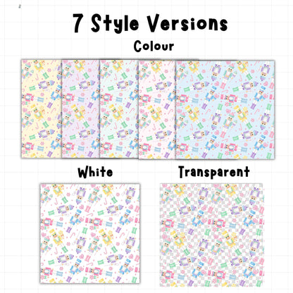 Pastel nutcracker Christmas digital paper showing five coloured background options alongside white and transparent seamless pattern versions.