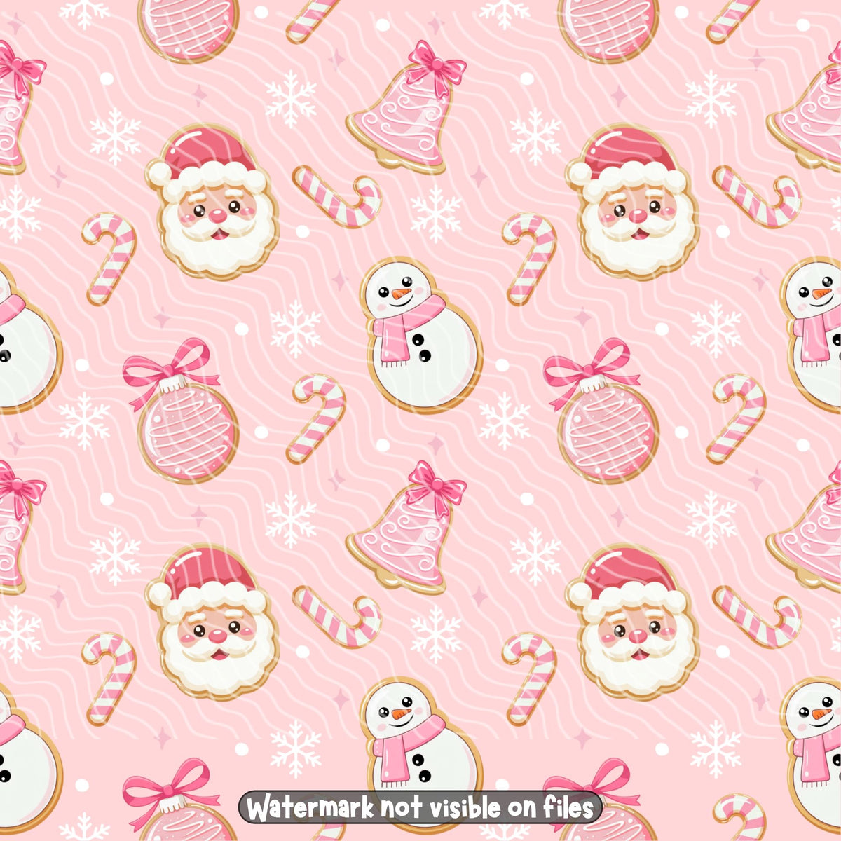 Pastel pink Christmas cookies seamless digital paper with cute Santa and snowman biscuits, pink candy canes, bells, baubles and white snowflakes.