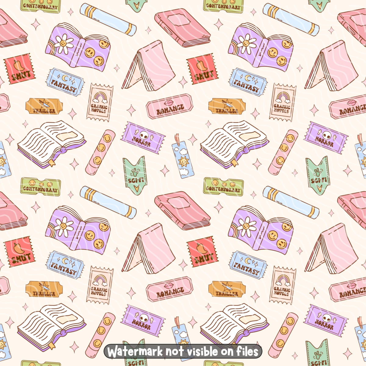 Bookish reading genres seamless pattern with pastel books, smiley faces, bookmarks and colourful fantasy, romance, thriller and horror tickets.