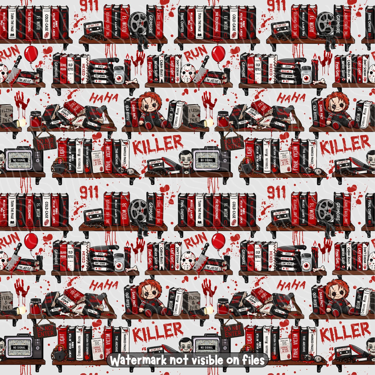 Horror bookshelf seamless pattern featuring red and black scary books, slasher dolls, bloody knives, VHS tapes, creepy masks and blood splatters.