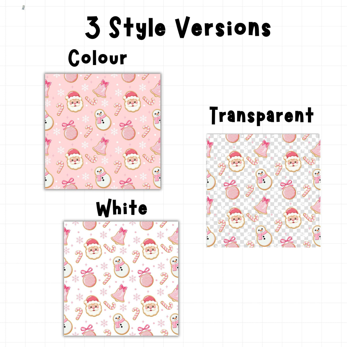 Pink Santa and snowman Christmas cookie seamless pattern showing pastel pink, white and transparent background versions for crafting.