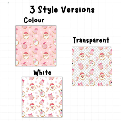 Pink Santa and snowman Christmas cookie seamless pattern showing pastel pink, white and transparent background versions for crafting.