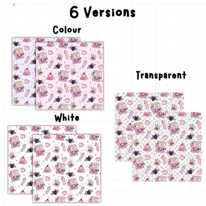 Ghostly Books seamless pattern shown in two pastel colourways with lavender and soft pink backgrounds, featuring reading ghosts and Halloween bookshops.