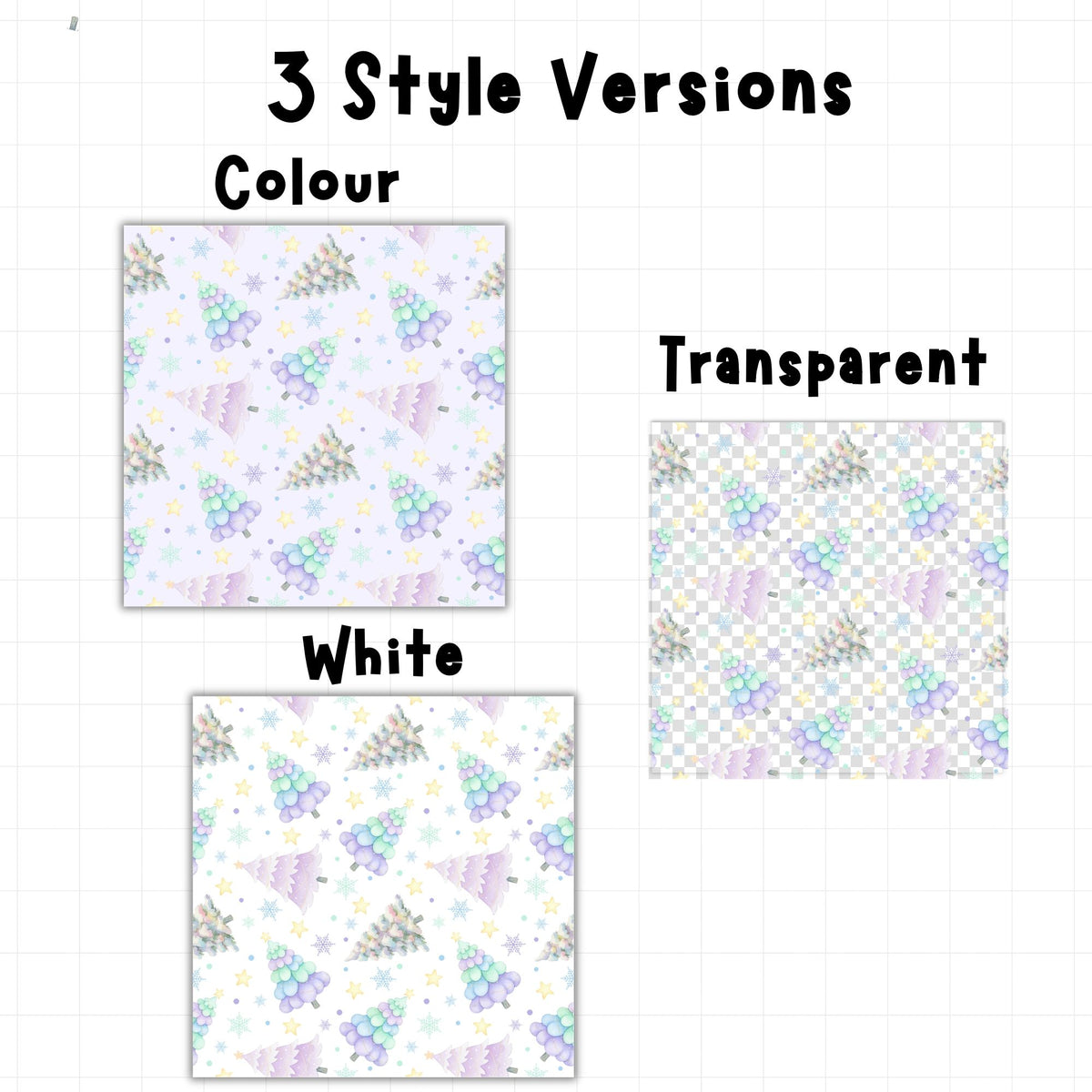 Pastel Christmas tree seamless digital paper showing light lavender, white and transparent background options with watercolour festive trees.