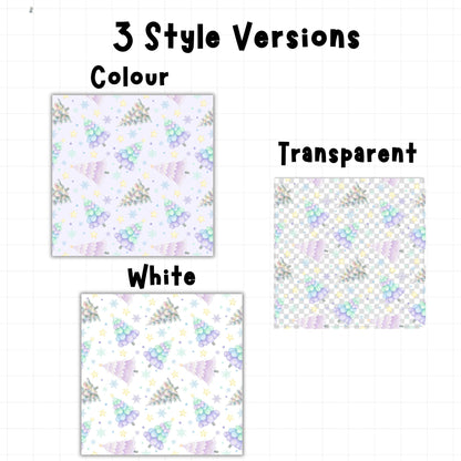 Pastel Christmas tree seamless digital paper showing light lavender, white and transparent background options with watercolour festive trees.