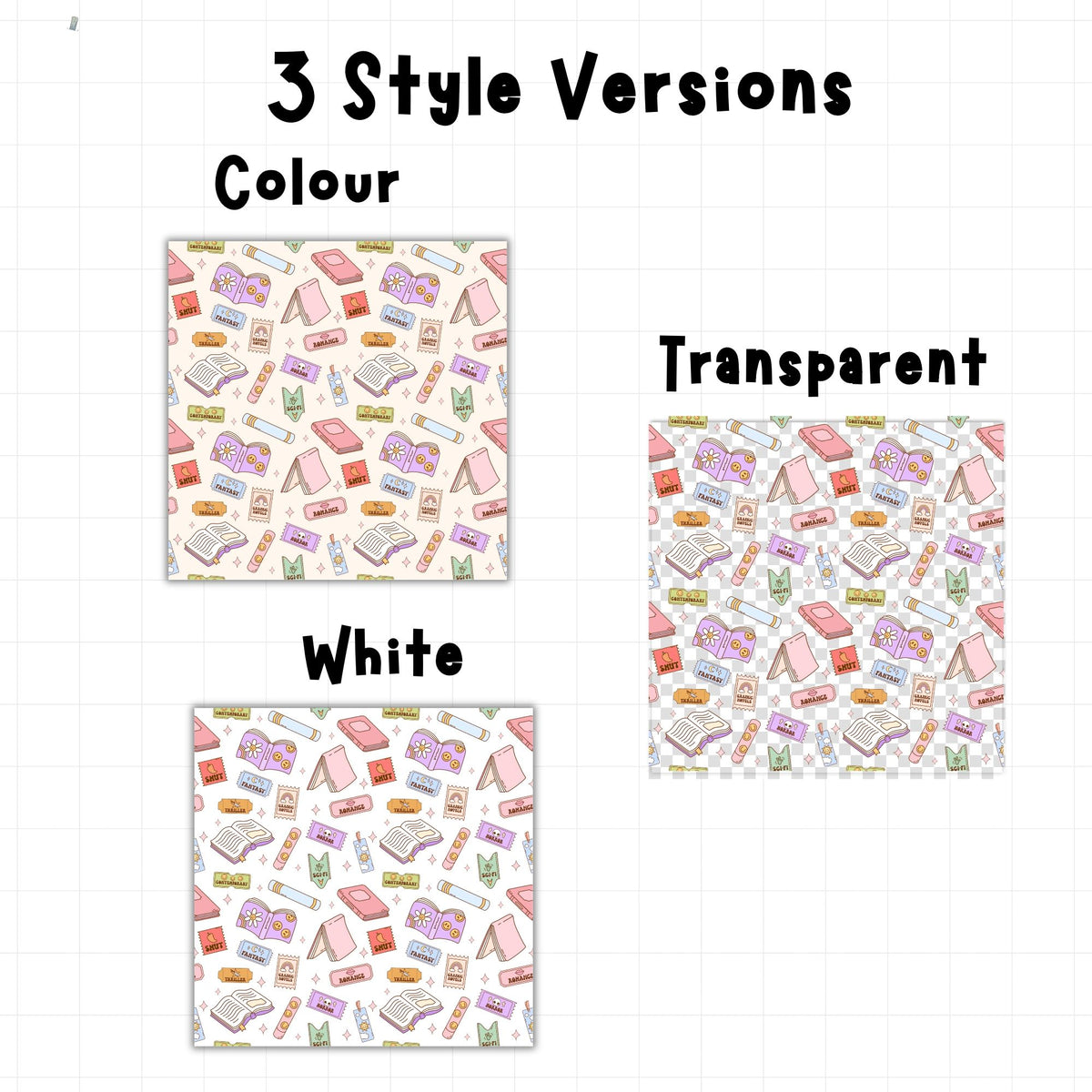Bookish seamless digital paper shown in three versions with pastel colour background, white background and transparent PNG design.