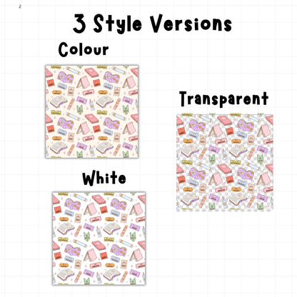 Bookish seamless digital paper shown in three versions with pastel colour background, white background and transparent PNG design.