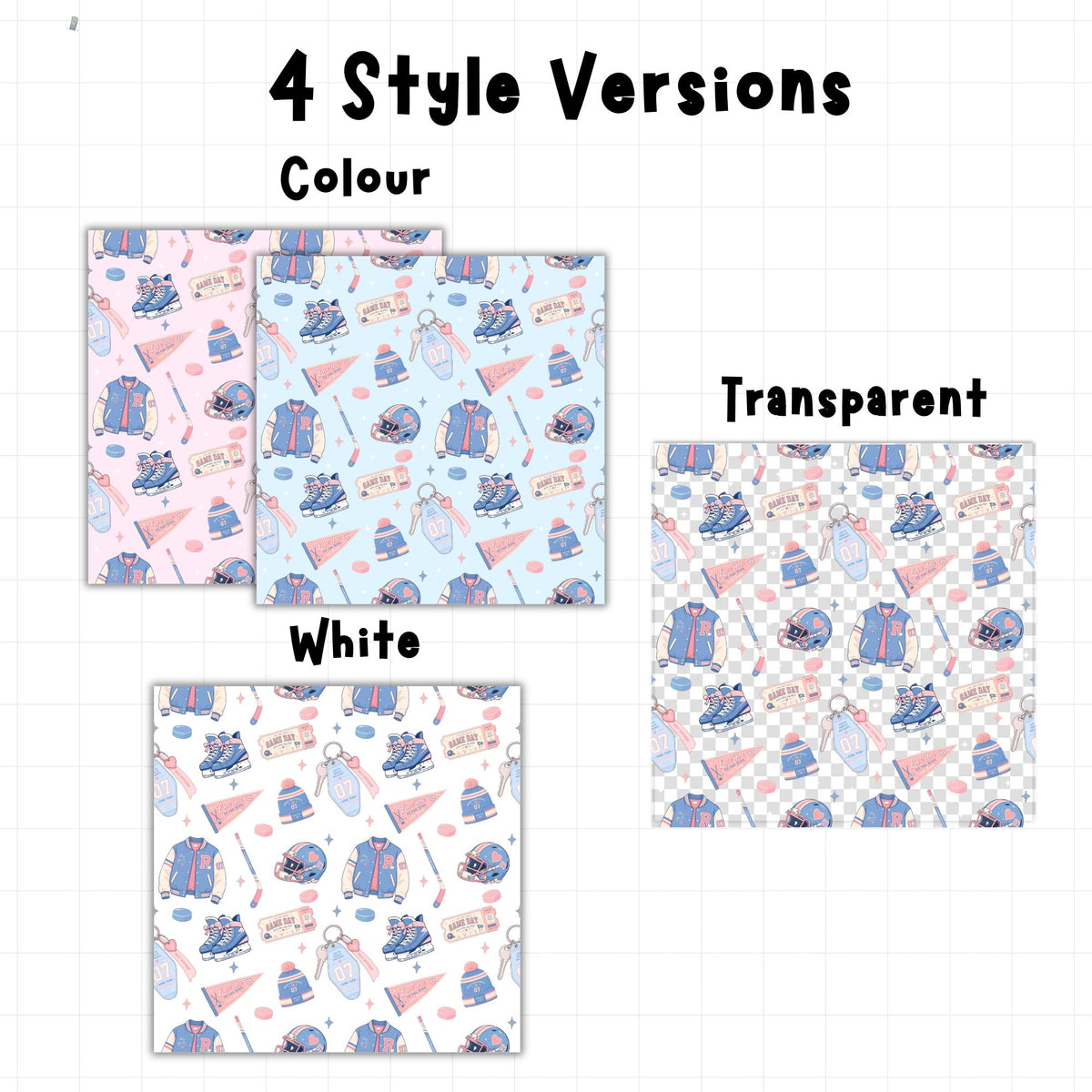 Hockey romance seamless digital paper in two pastel colour variations featuring blue ice skates, pink ribbons, varsity jackets and hockey accessories.