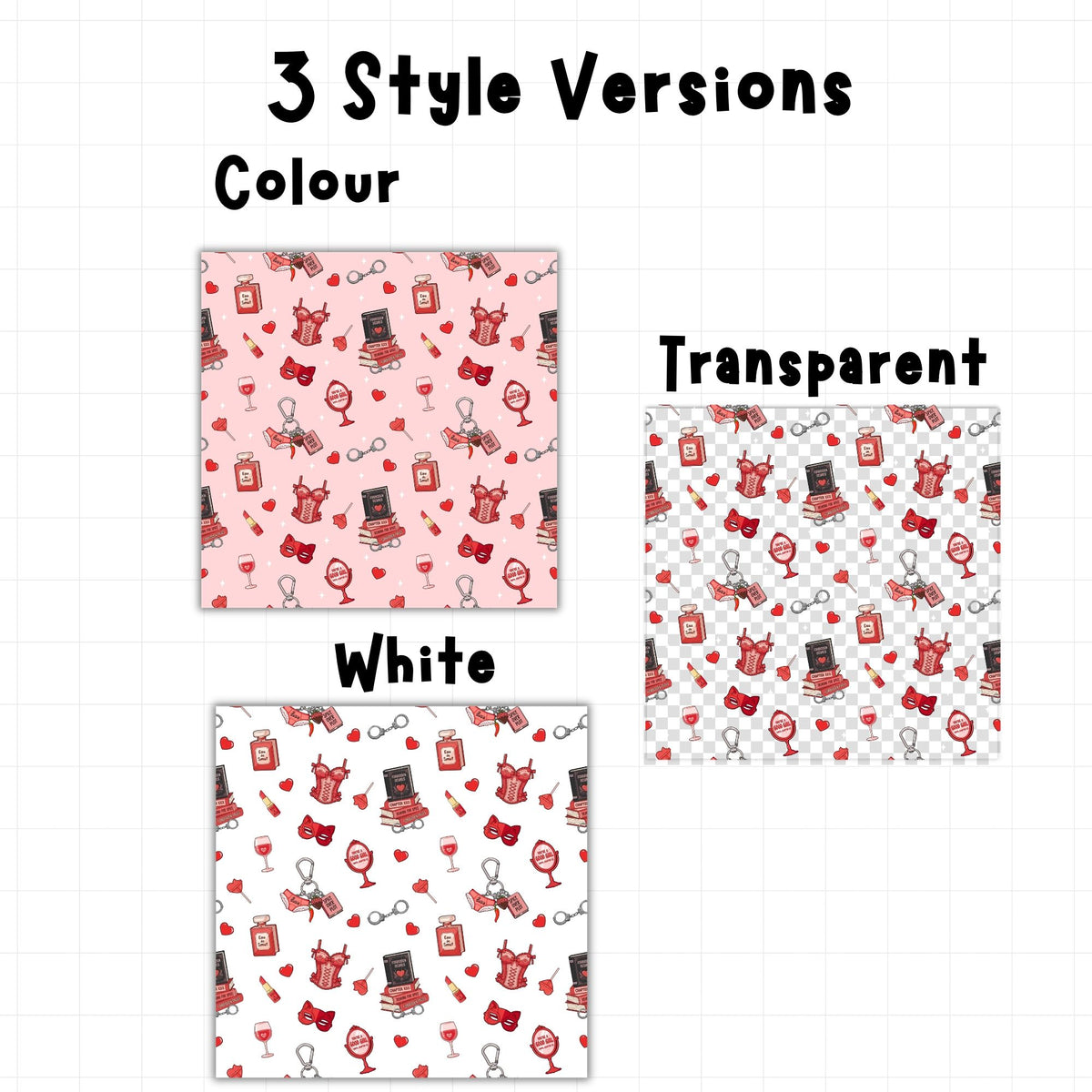 Spicy romance seamless pattern showing pink coloured, white and transparent background options for printable digital paper.