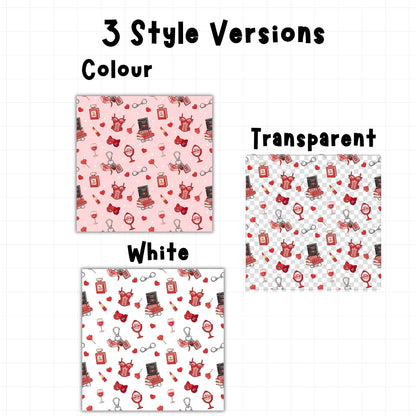 Spicy romance seamless pattern showing pink coloured, white and transparent background options for printable digital paper.