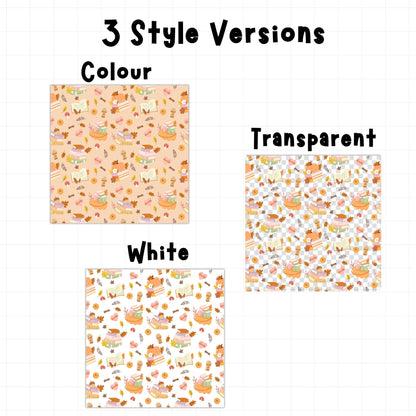 Cozy autumn bookish seamless pattern showing peach coloured, white and transparent background options for digital crafting.