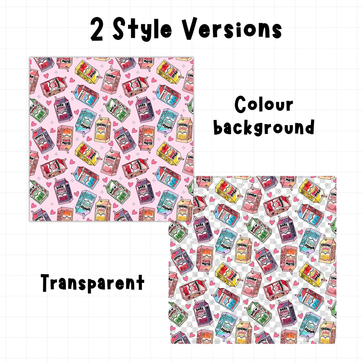 Bookish romance genre seamless pattern available with a pastel pink background or transparent background featuring colourful illustrated juice cartons.