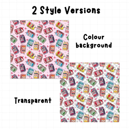 Bookish romance genre seamless pattern available with a pastel pink background or transparent background featuring colourful illustrated juice cartons.