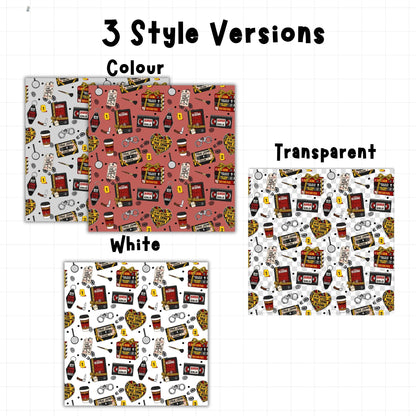 True Crime Junkie seamless digital paper showing different background variations of the repeating true crime themed design.