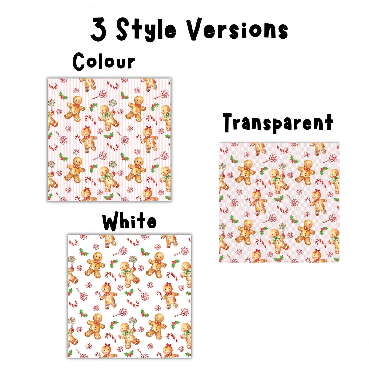 Gingerbread and candy cane seamless Christmas pattern showing pink striped, white and transparent background options for digital crafting.