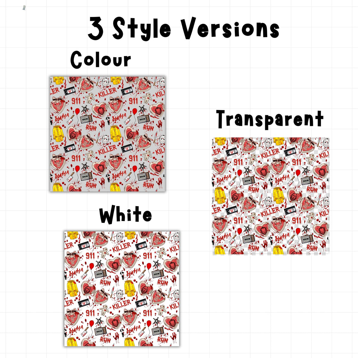 Horror slasher seamless digital paper shown in colour background, white background and transparent PNG variations with bloody Halloween illustrations.