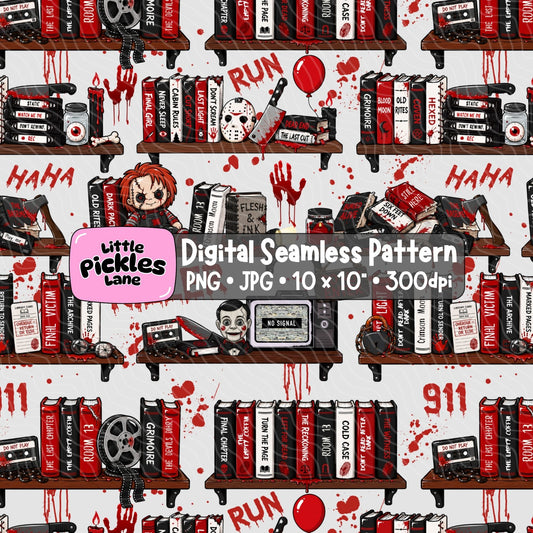 A digital seamless pattern design featuring a horror-themed bookshelf scene with red blood splatters, cassette tapes, horror movie posters, a character with red hair, and text including 'HAHA', 'RUN', and '911'. A central label reads 'Little Pickles Lane' and 'Digital Seamless Pattern PNG • JPG • 10 x 10" • 300dpi'.