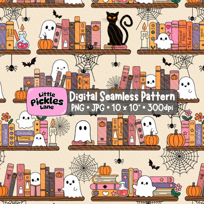 Cute spooky Halloween bookshelf seamless digital paper with ghosts, pumpkins, black cats, bats and colourful books on wooden shelves.