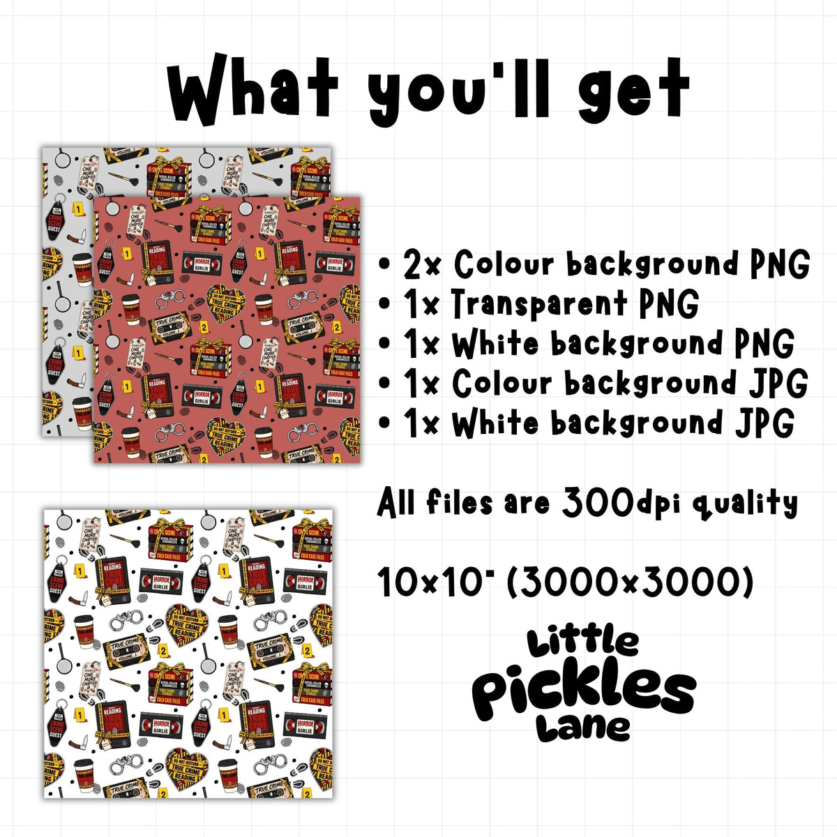 True Crime Junkie seamless digital pattern download showing 300 DPI PNG and JPG files, including a transparent PNG option.