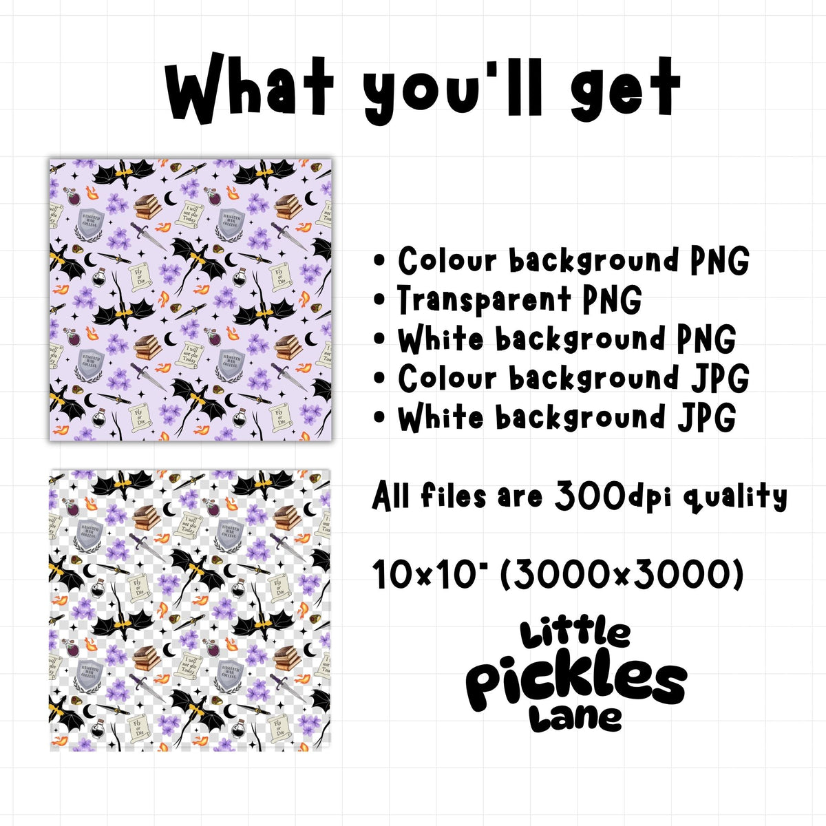 Fourth Wing inspired romantasy seamless pattern digital download including 300 DPI PNG and JPG files with colour, white and transparent background options.
