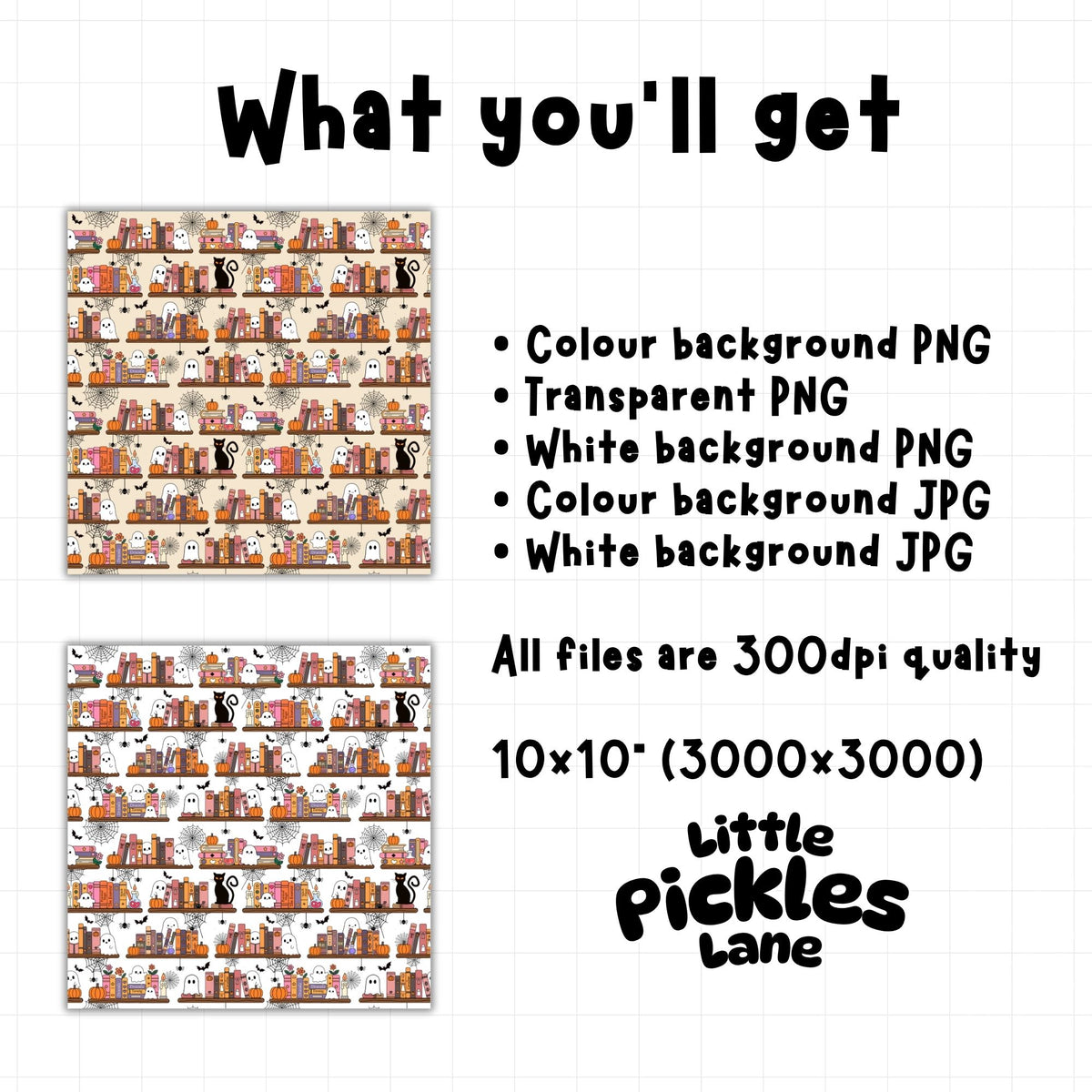 Halloween bookshelf seamless digital paper download including colour and white background PNG and JPG files plus transparent PNG at 300 DPI.
