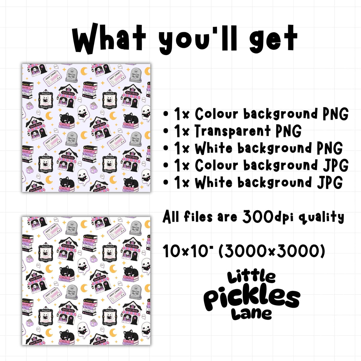 Spooky bookish seamless digital paper download including colour and white background PNG and JPG files plus transparent PNG at 300 DPI.