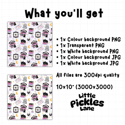 Spooky bookish seamless digital paper download including colour and white background PNG and JPG files plus transparent PNG at 300 DPI.