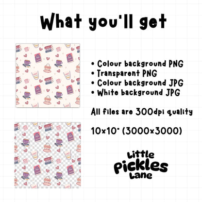 Book lover seamless pattern digital download with high resolution 300 DPI PNG and JPG files in 10 x 10 inch format for Kindle covers, tumblers and crafts.