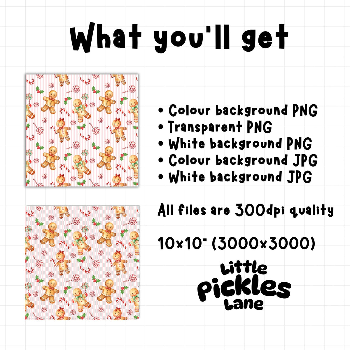 Gingerbread Christmas digital paper download with five PNG and JPG files including pink striped, white and transparent versions at 300 DPI.