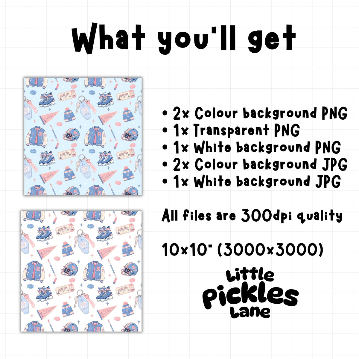 Hockey romance seamless pattern digital download with two colour options in high resolution 300 DPI PNG and JPG formats, 10 x 10 inch digital paper.