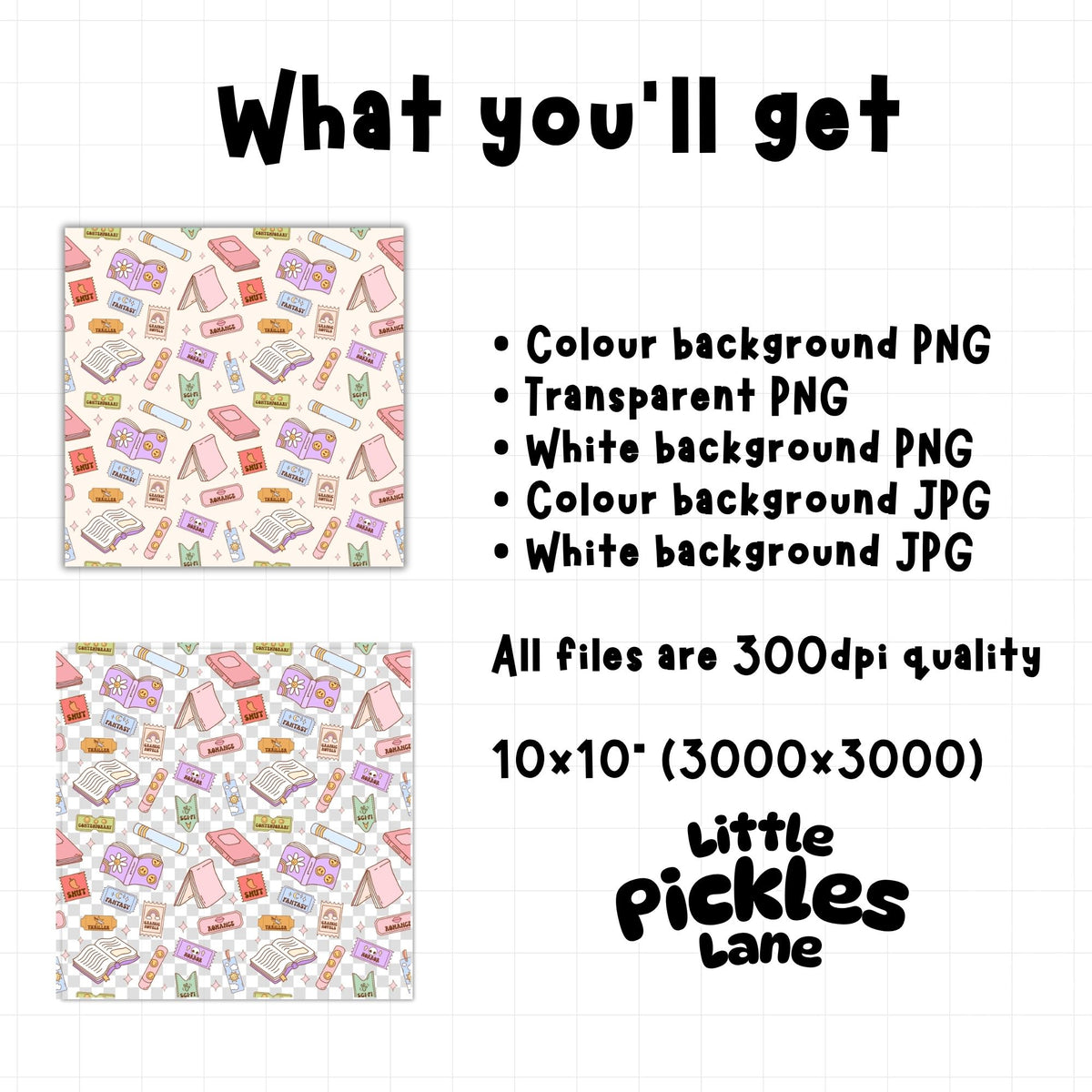 Bookish seamless pattern digital download including five PNG and JPG files with colour, white and transparent background options at 300 DPI.