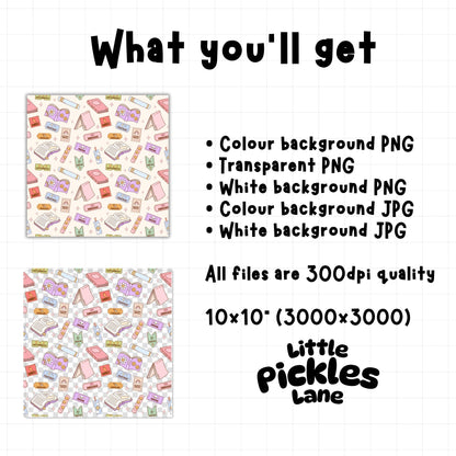 Bookish seamless pattern digital download including five PNG and JPG files with colour, white and transparent background options at 300 DPI.
