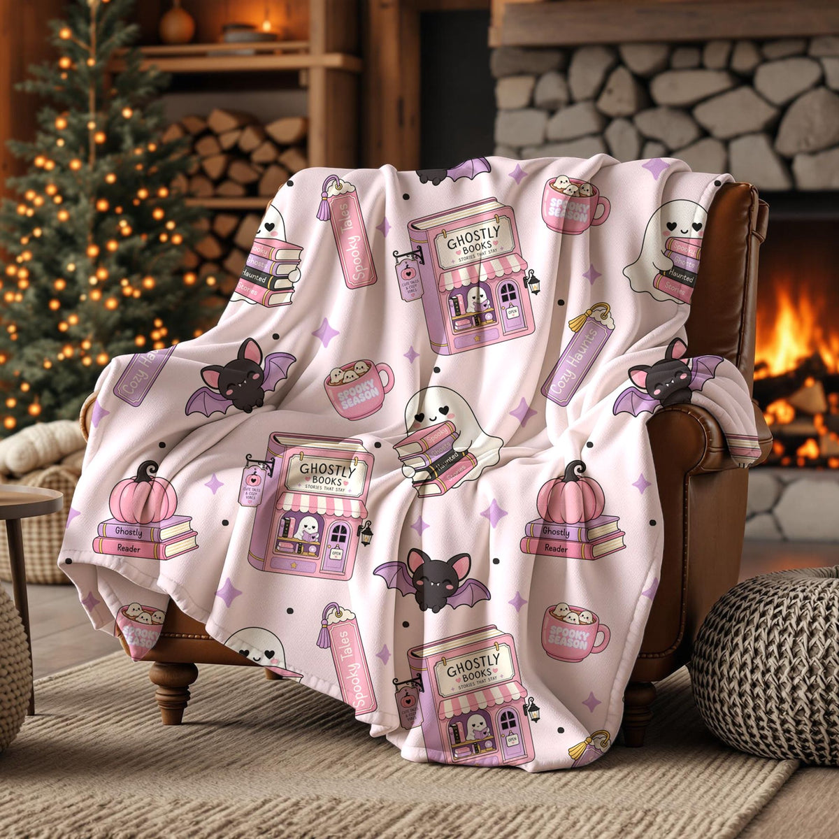 Cute spooky season seamless digital paper shown on a throw blanket featuring pink ghostly bookstores, book stacks, purple bats and reading ghosts.