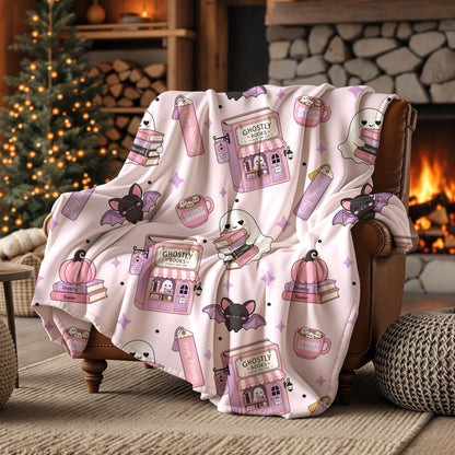 Cute spooky season seamless digital paper shown on a throw blanket featuring pink ghostly bookstores, book stacks, purple bats and reading ghosts.