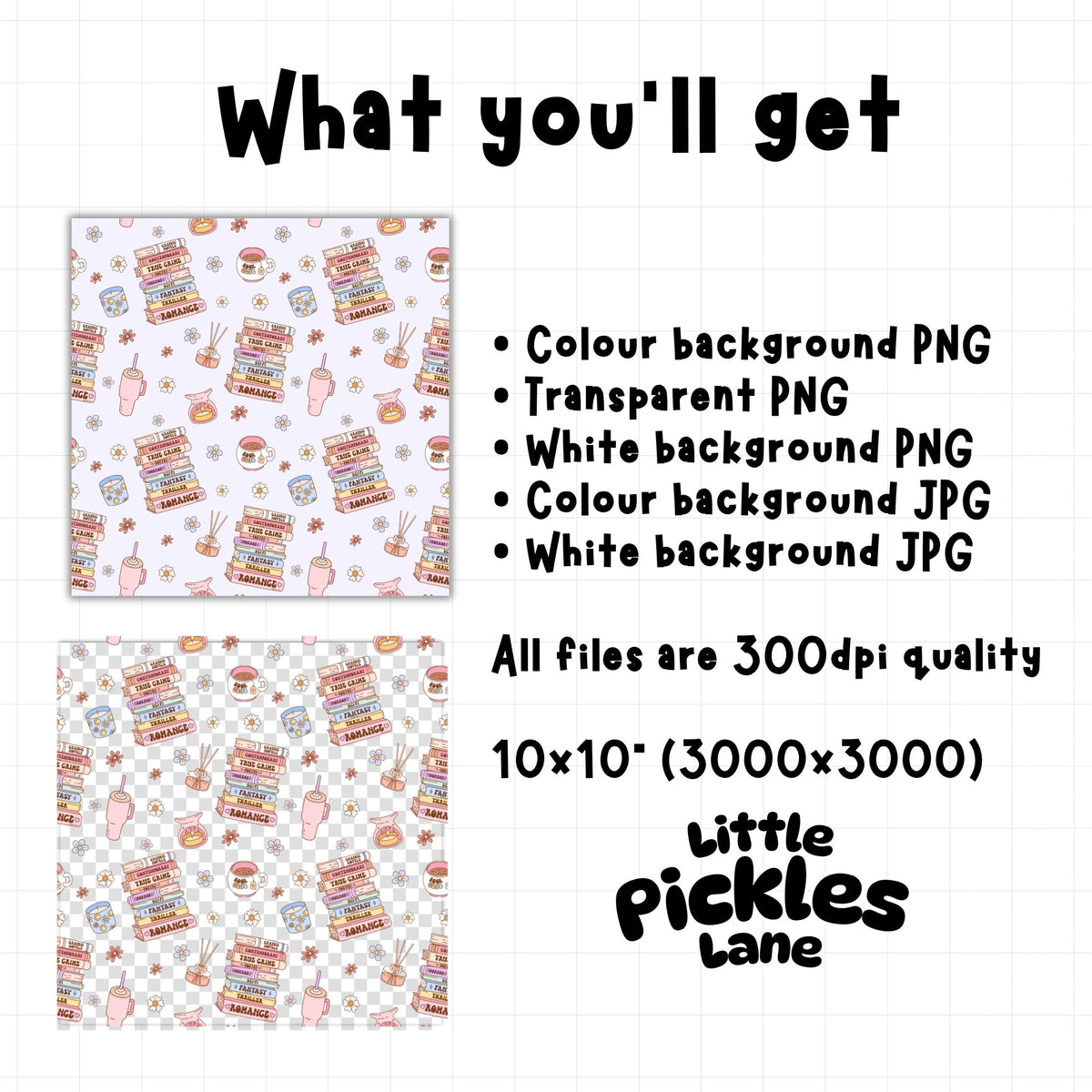 Book lover seamless pattern digital download with high resolution 300 DPI PNG and JPG files, 10 x 10 inch digital paper for creative craft projects.