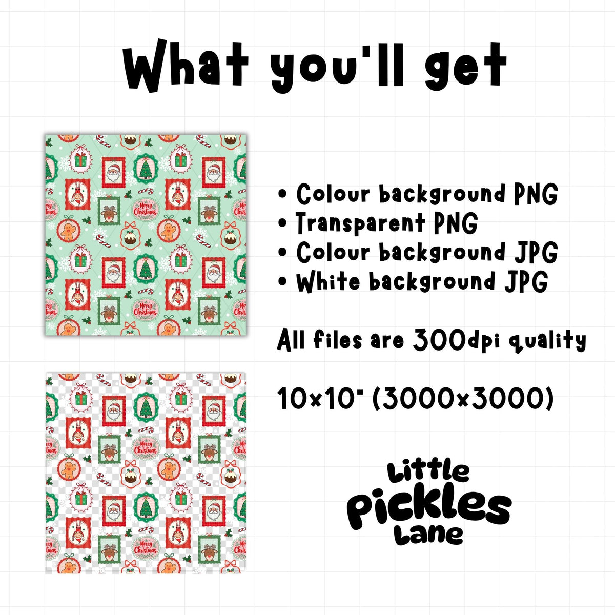 Christmas seamless digital paper download contents showing mint green PNG, transparent PNG and JPG background options at 300 DPI.