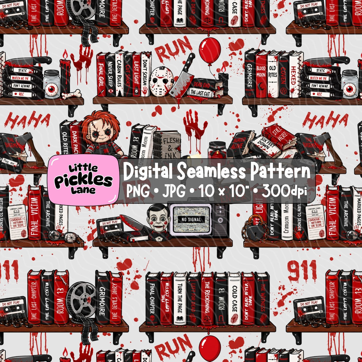 A digital seamless pattern design featuring a horror-themed bookshelf scene with red blood splatters, cassette tapes, horror movie posters, a character with red hair, and text including 'HAHA', 'RUN', and '911'. A central label reads 'Little Pickles Lane' and 'Digital Seamless Pattern PNG • JPG • 10 x 10" • 300dpi'.