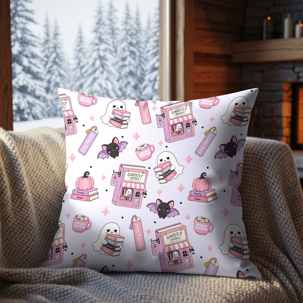 Ghostly Books Halloween seamless pattern displayed on a decorative cushion with pastel pink bookshops, cute ghosts, bats and spooky reading accessories.