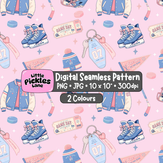 Bookish hockey romance seamless digital paper featuring pink and blue ice hockey illustrations, skates, jerseys, helmets and romantic rink accessories.