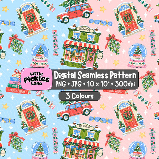 Christmas Bookstore Seamless Pattern | Digital Download