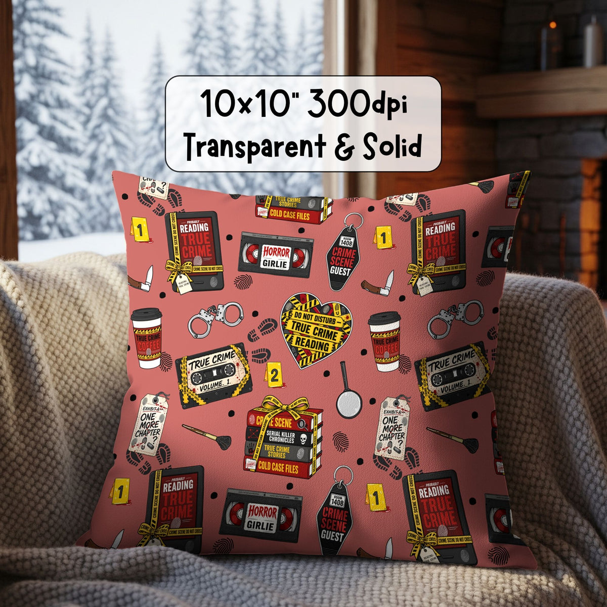 True Crime Junkie seamless pattern displayed on a decorative cushion for true crime fans and podcast enthusiasts.