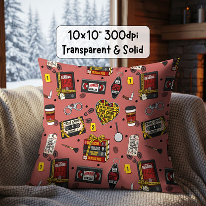 True Crime Junkie seamless pattern displayed on a decorative cushion for true crime fans and podcast enthusiasts.