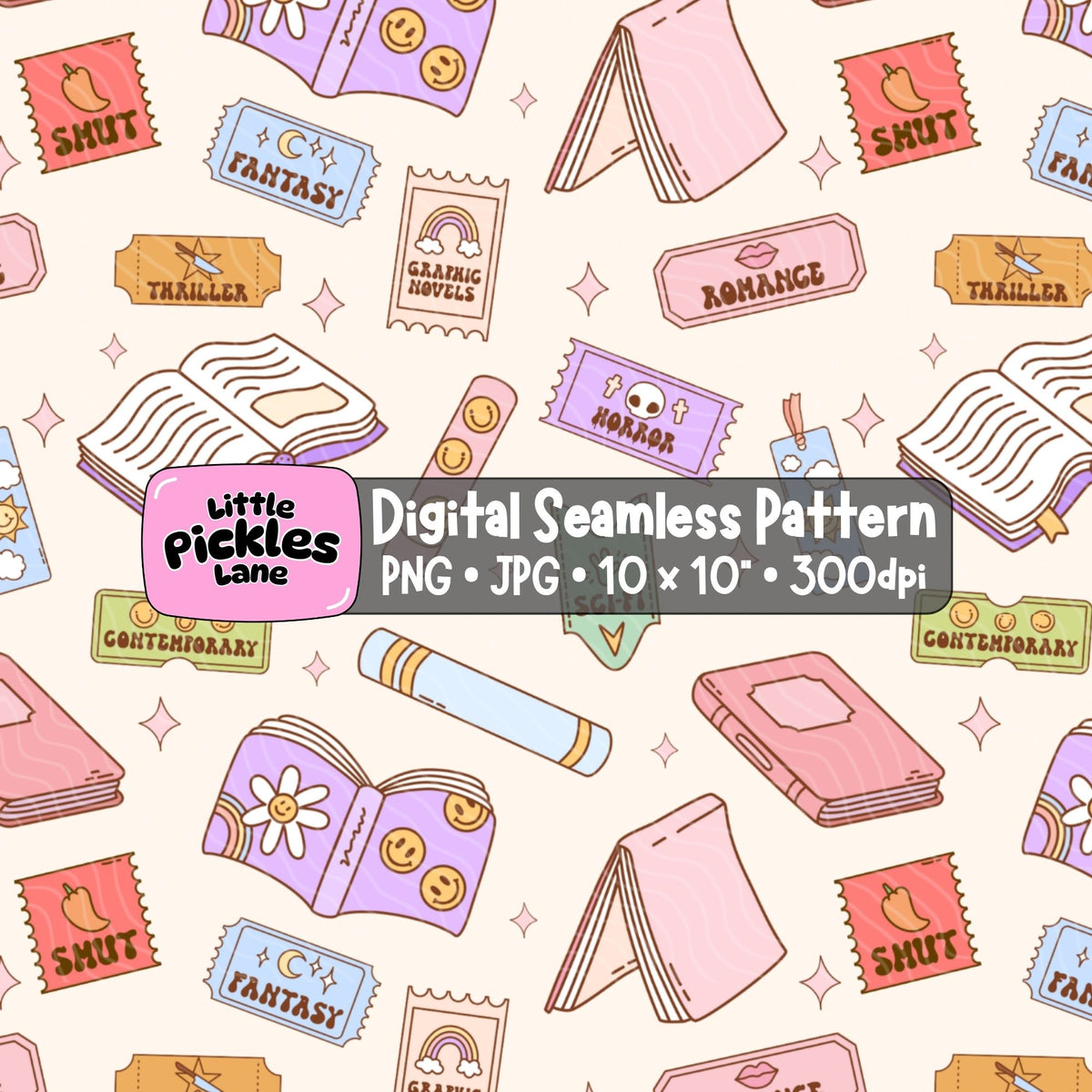 Pastel bookish seamless digital paper featuring illustrated books, genre tickets and reading accessories in a colourful repeating pattern.