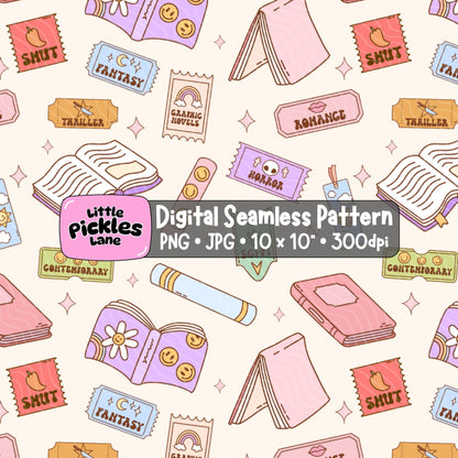Pastel bookish seamless digital paper featuring illustrated books, genre tickets and reading accessories in a colourful repeating pattern.
