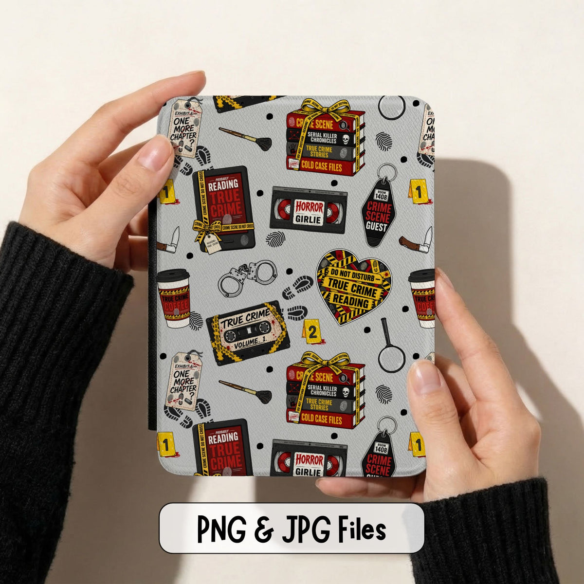 True Crime Junkie seamless pattern displayed on a Kindle cover with a repeating true crime themed design.