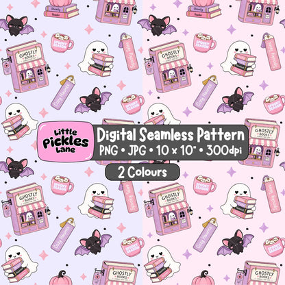 Ghostly Books spooky season seamless digital paper in two pastel colourways featuring ghost readers, pink bookshops, bats and Halloween bookmarks.